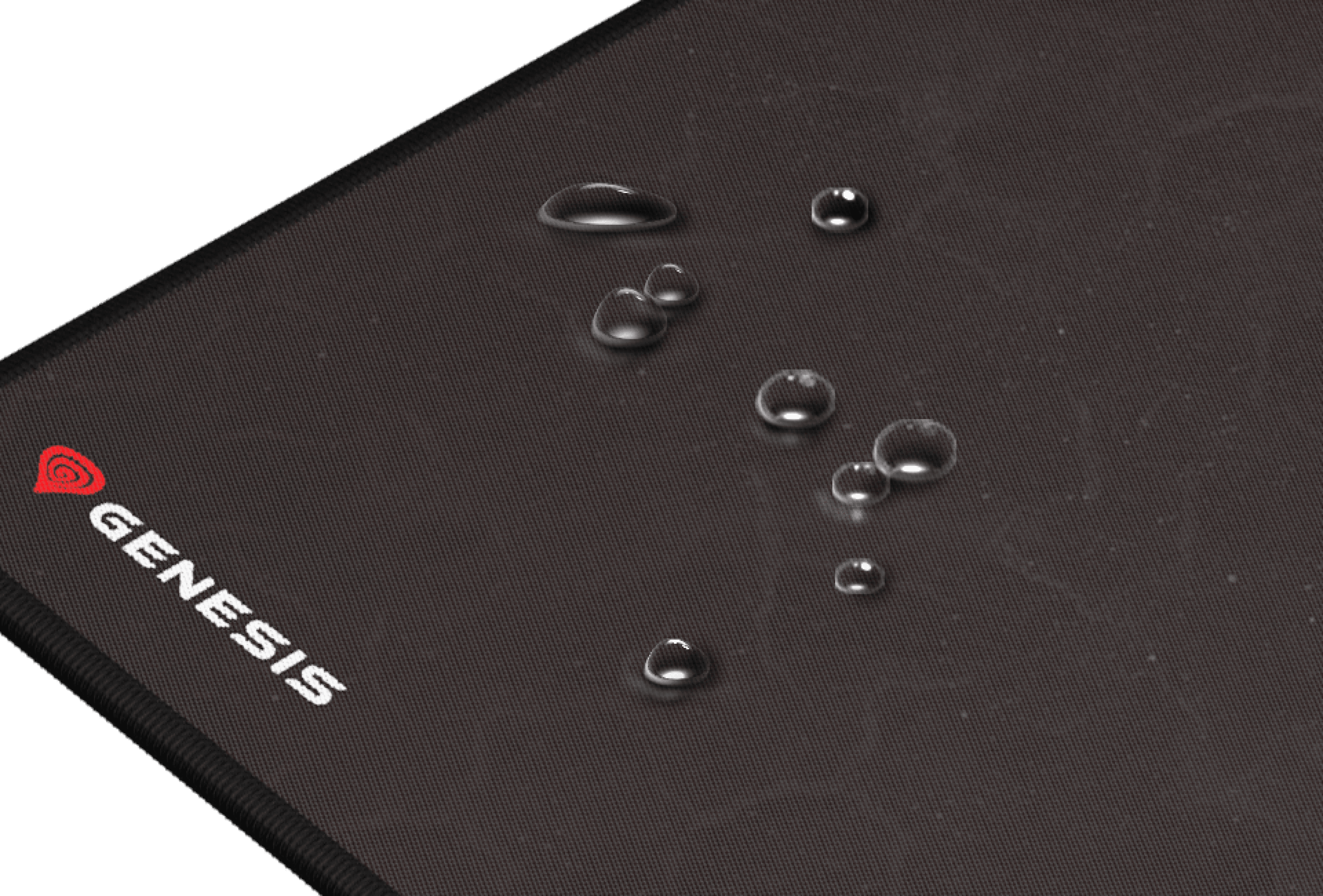 Großes schwarzes Gaming-Mauspad mit Wassertropfen auf der Oberfläche und dem Genesis-Logo in der Ecke