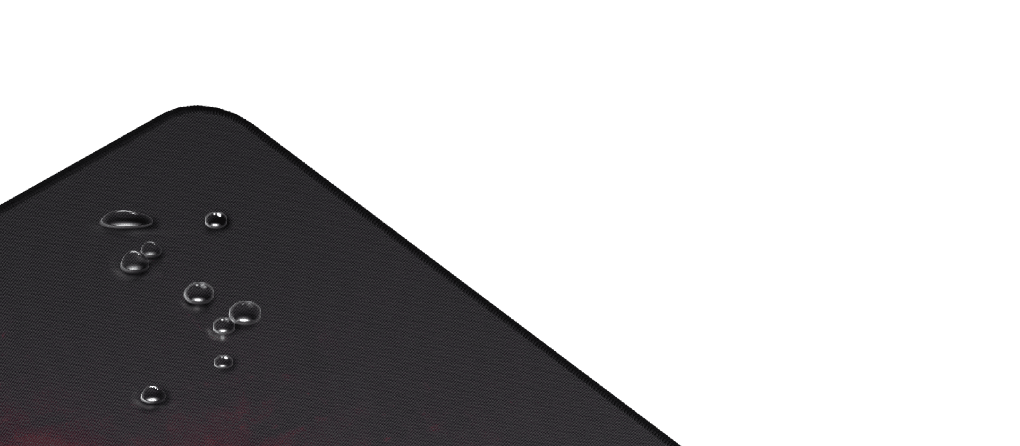 Schwarzes Genesis Carbon Mauspad mit glänzender Oberfläche und Wassertropfen in der Ecke. Abmessungen 900x450mm