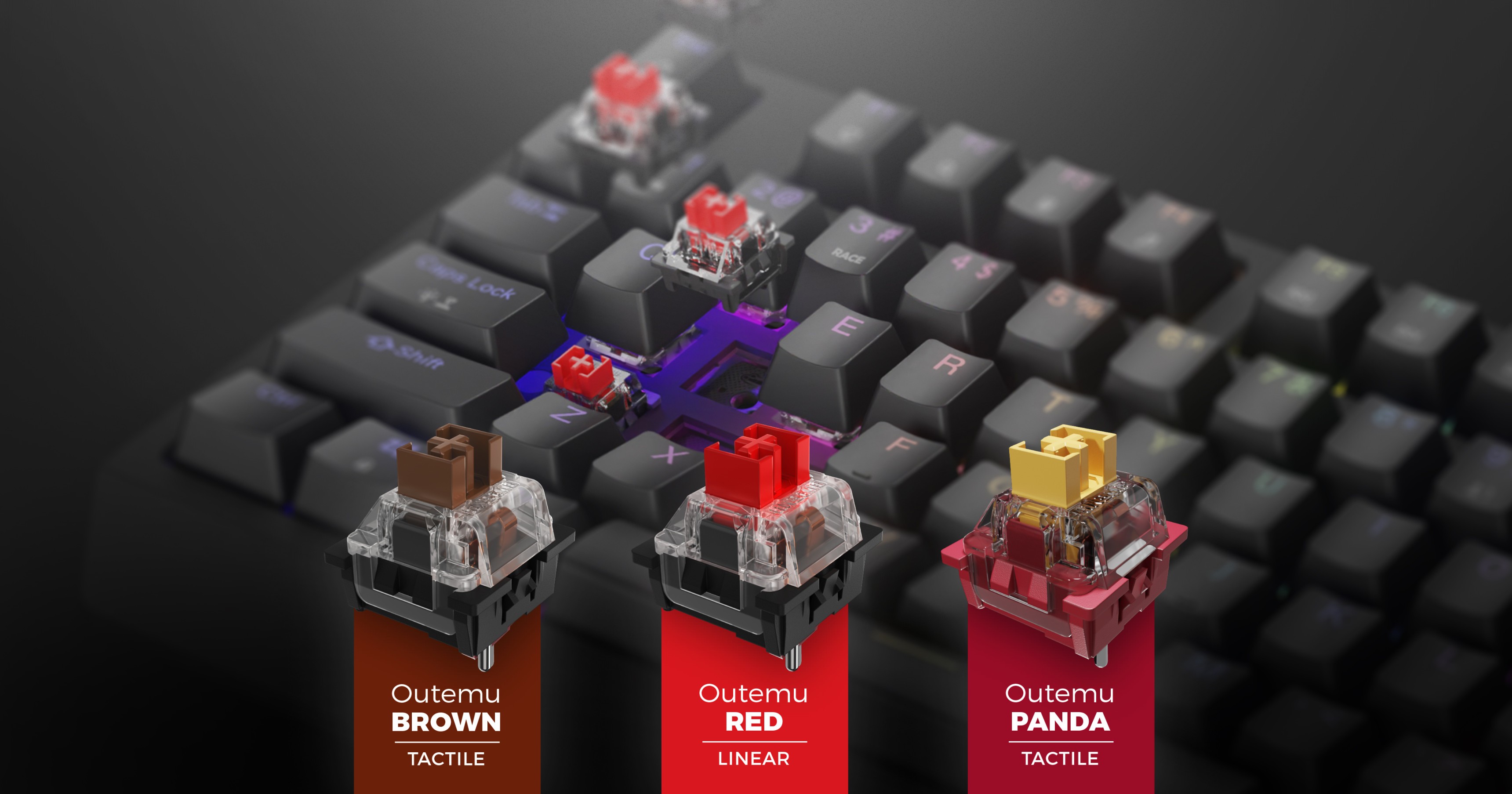 Nahaufnahme einer mechanischen Tastatur mit roten Outemu-Schaltern, mit visuellen Symbolen für braune und Panda-Schalter darunter