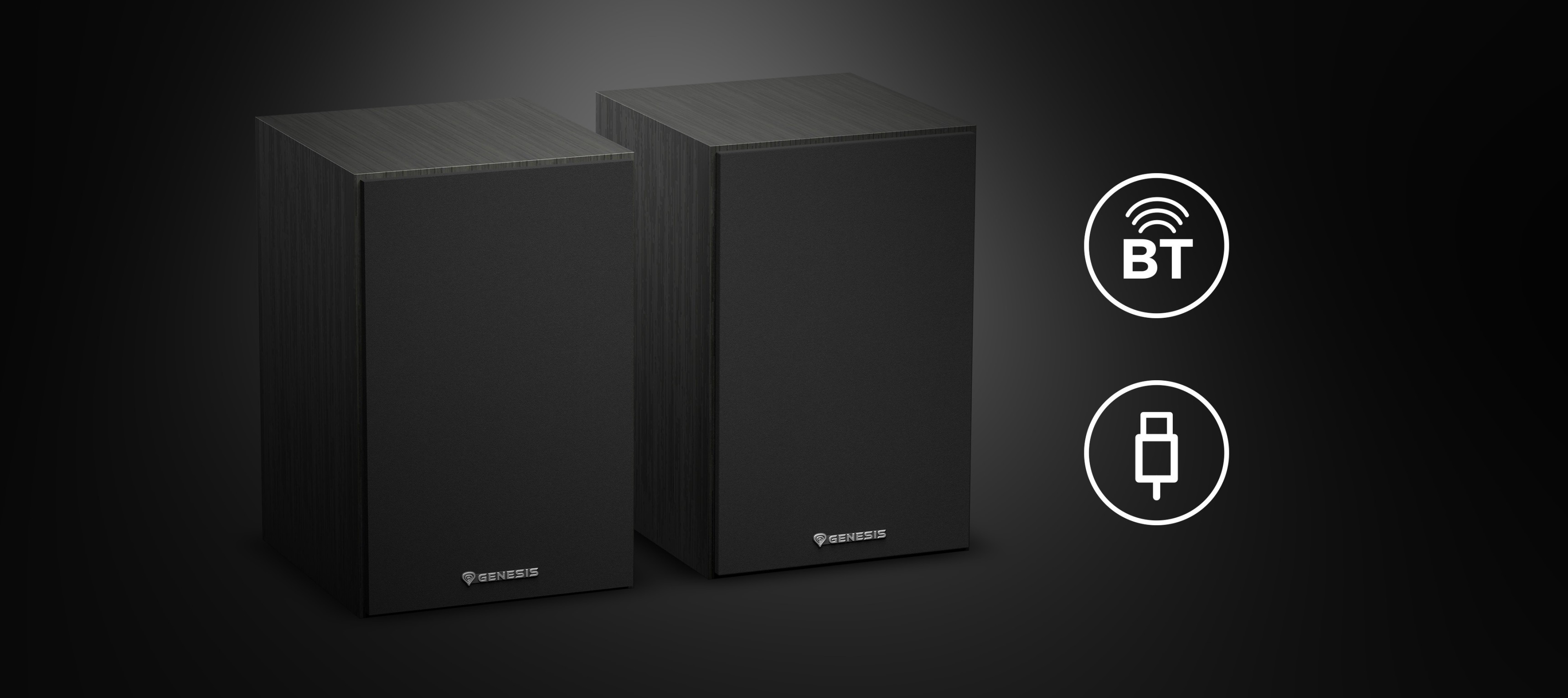 Schwarze Genesis Arsen 302BT 2.0-Lautsprecher mit Bluetooth- und USB-Verbindungssymbolen