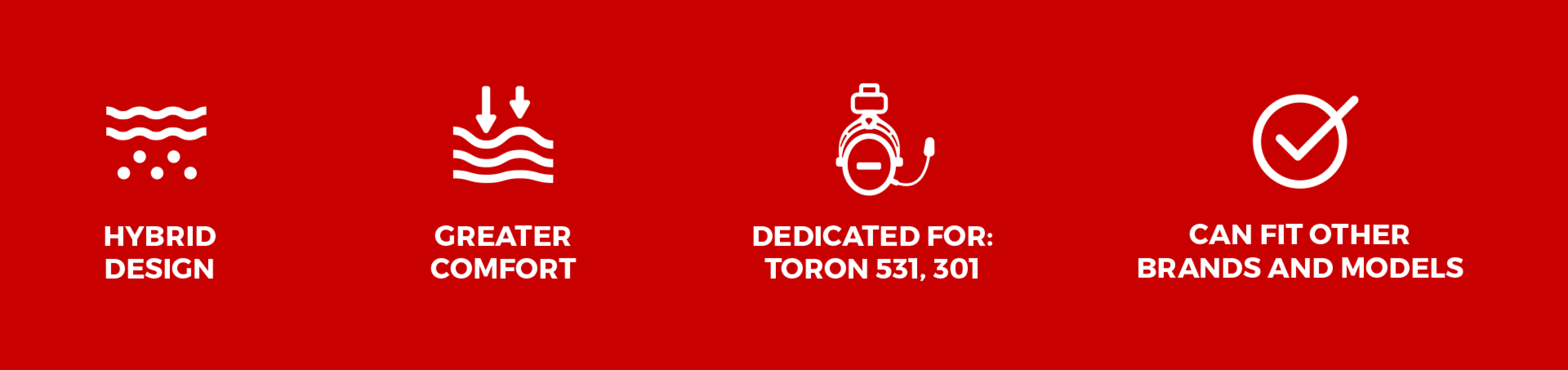 Icons, die die Eigenschaften der Genesis Toron EP01 Steuersatzpolster hervorheben: Hybriddesign, Komfort, Kompatibilität mit Toron-Modellen und Passform für andere Marken